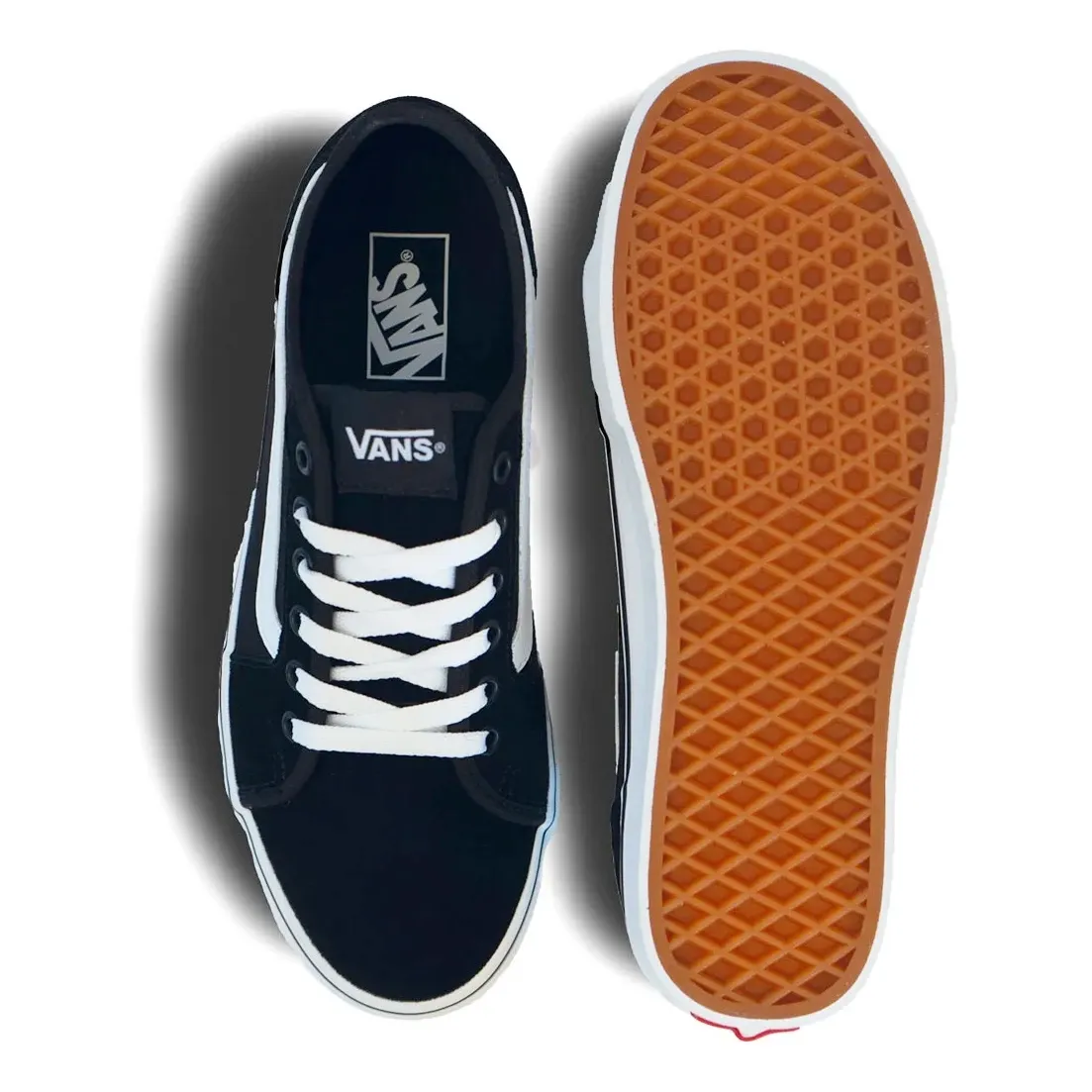 Tênis Vans Filmore Decon masculino preto vista lateral com solado laranja
